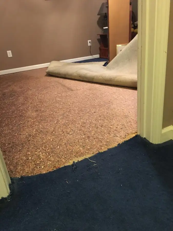 Carpet pad removal revealing water damage during Drying & Dehumidification in St. Rose